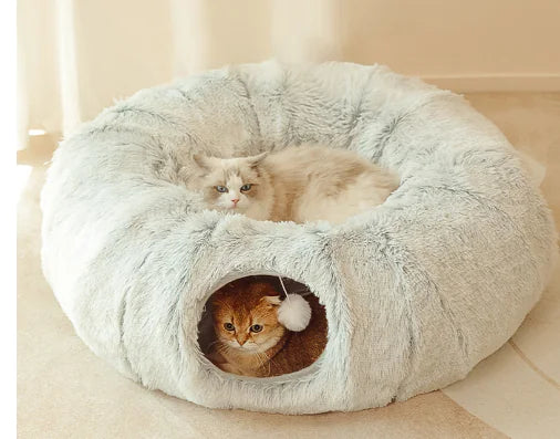 Multifunctional Plush Cat Bed with tunnel and peephole – cozy donut-shaped bed for indoor cats with play tunnel and soft fluffy fabric