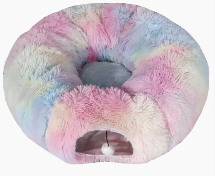 Multifunctional Plush Cat Bed with tunnel and peephole – cozy donut-shaped bed for indoor cats with play tunnel and soft fluffy fabric