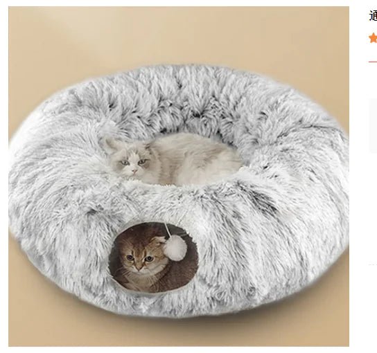 Multifunctional Plush Cat Bed with tunnel and peephole – cozy donut-shaped bed for indoor cats with play tunnel and soft fluffy fabric
