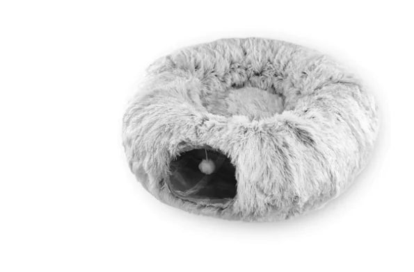 Multifunctional Plush Cat Bed with tunnel and peephole – cozy donut-shaped bed for indoor cats with play tunnel and soft fluffy fabric